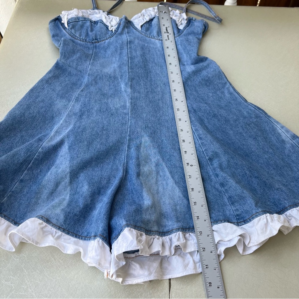 Y2K 90s New Age Code Blue Denim Short Babydoll Overalls With Lace Size Small - Picture 6 of 9